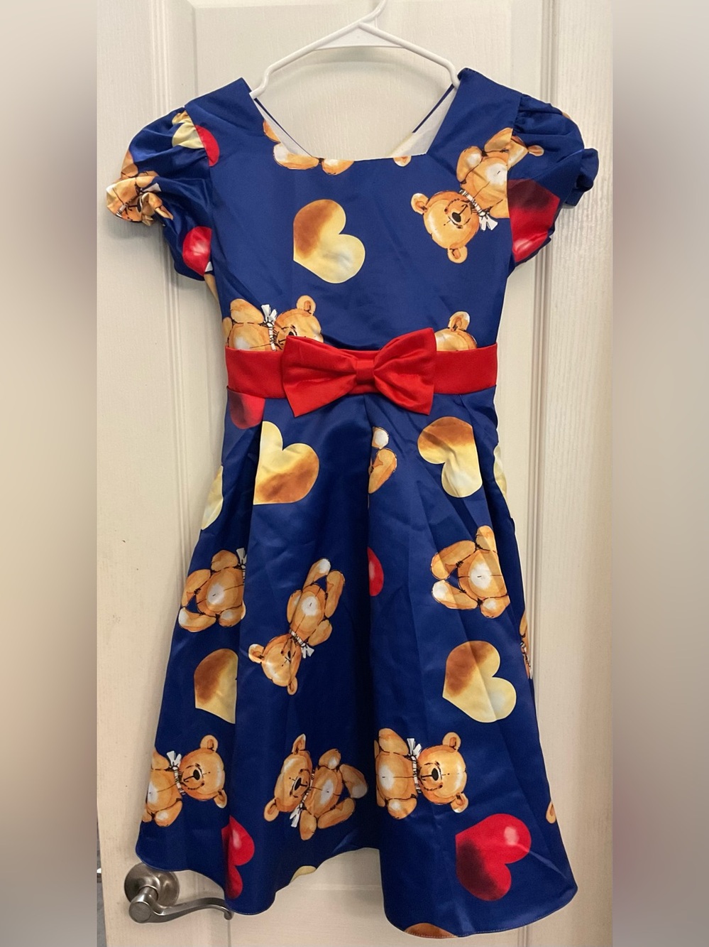 Navy Blue Teddy Bear Print Dress with Red Bow